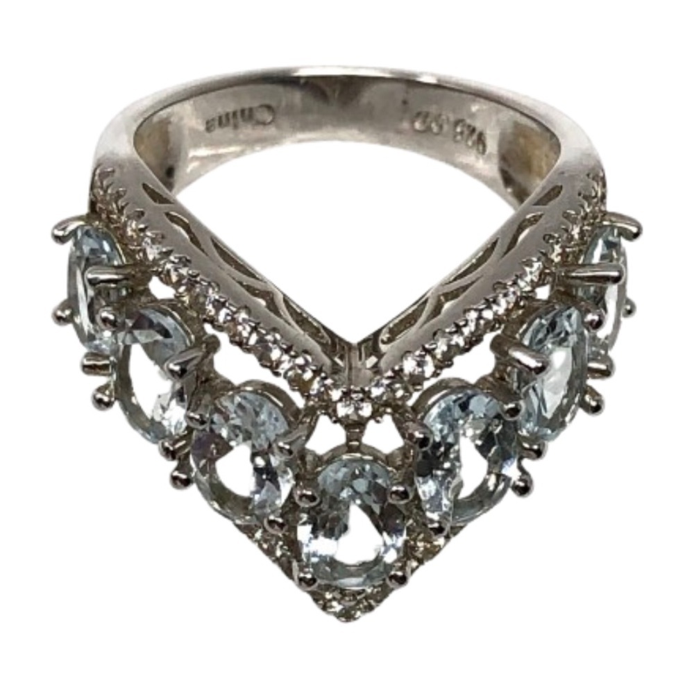 JTV Aquamarine Chevron Ring Women’s Size 6 White Zircons Rhodium Over 925 Silver